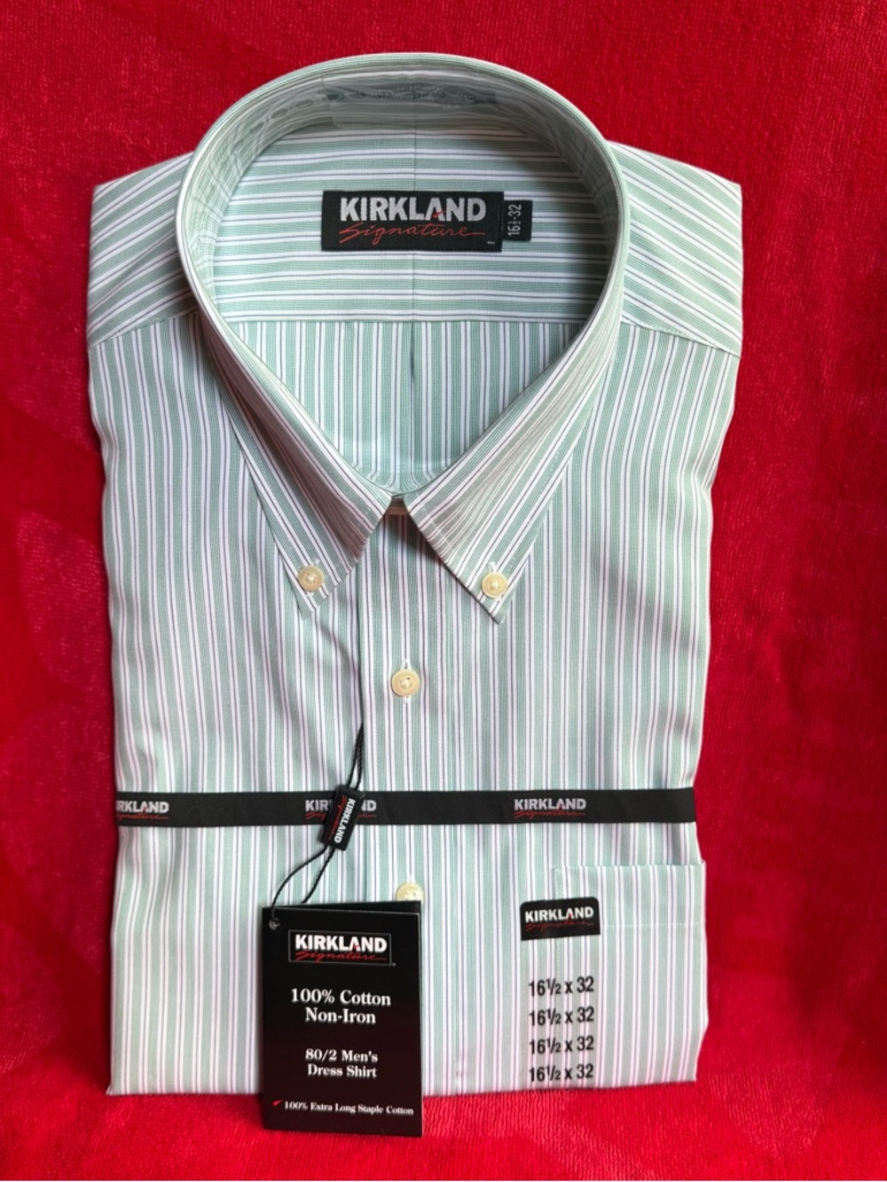 Kirkland Signature Shirt Green White Striped Dress Shirt Long Sleeve 16.5 32